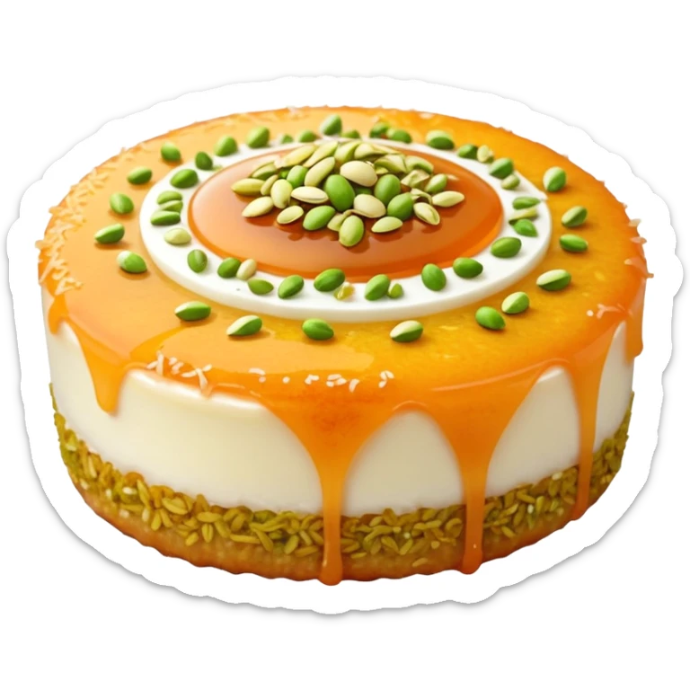 A small round emoji of traditional kanafeh with golden-orange crispy threads, a gooey white cheese center, and a light sprinkle of green pistachios. Warm and delicious-looking. sticker