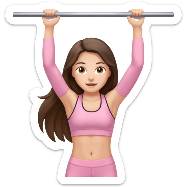 white happy brunette teen long hair with hazel eyes in light pink workout clothes doing a pullup sticker