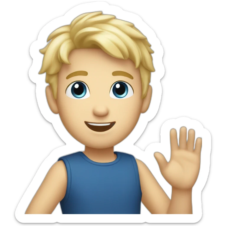 Blonde boy with medium short hair, blue eyes, waving hi to the camera sticker