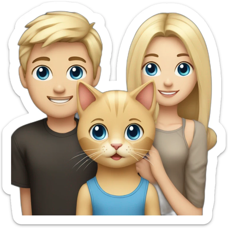 young male with blonde hair, black shirt and blue eyes with his girlfriend with bright long blonde hair, beige shirt and blue eyes. In the middle is a cute brown cat sticker