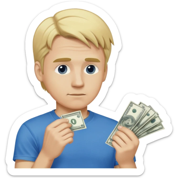 Man with blonde hair and blue t shirt in love with money  sticker