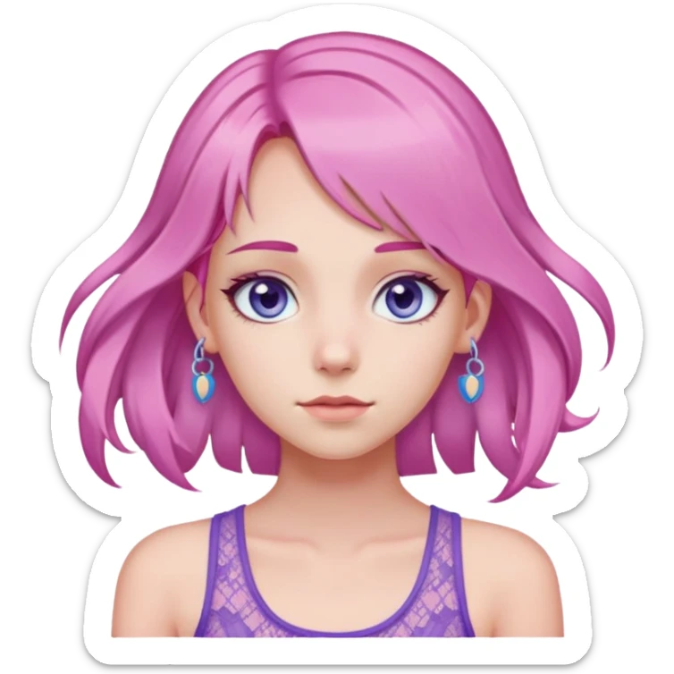 Defined Girl with long thin mid-toned hair, sky eyes, pink hair clips, purple lacey tank sticker