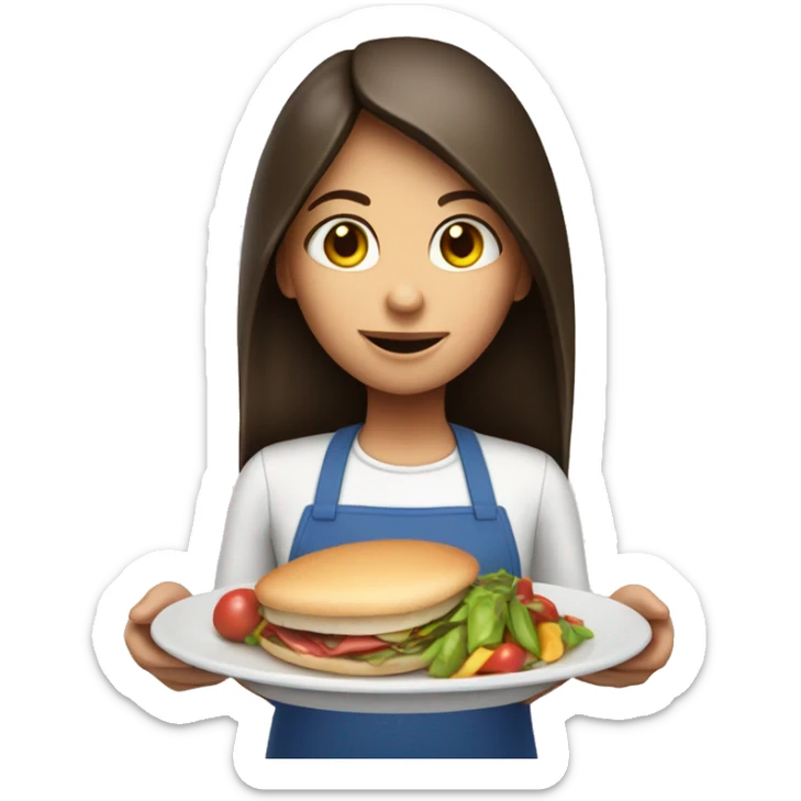 Brunette long straight hair girl holding food plate in a cook hat sticker