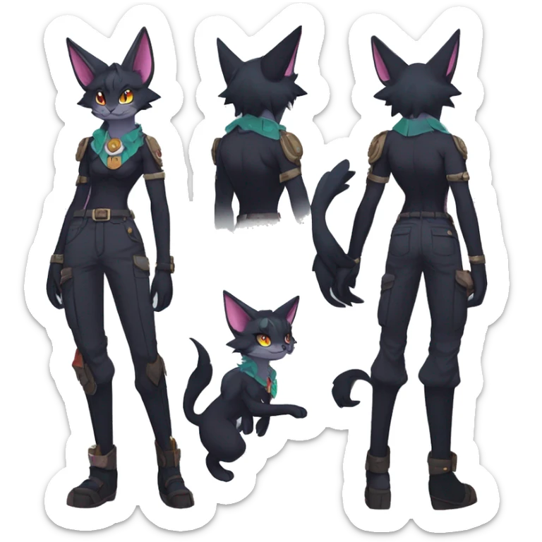 cool edgy beautiful pretty anthro godly colorful ethereal black fantasy elegant nargacuga-Noivern-cat-Fakemon wearing a collar, cargo pants, full body sticker