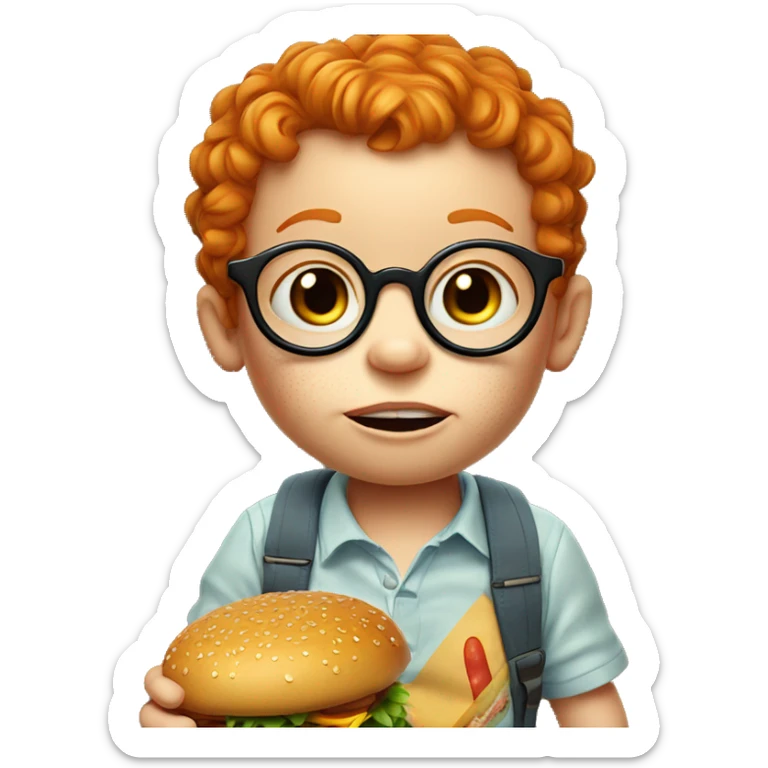 ginger white toddler with freckles and glasses with a burger eating it with a full mouth sticker