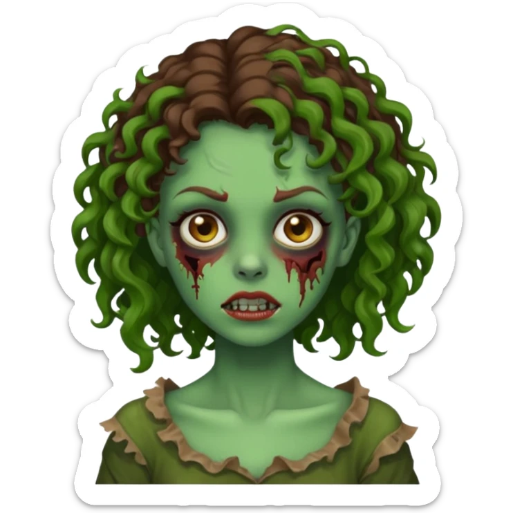 faça uma garota zombie, com a pele verde, cabelo castanho cacheado abaixo do ombro linda sticker