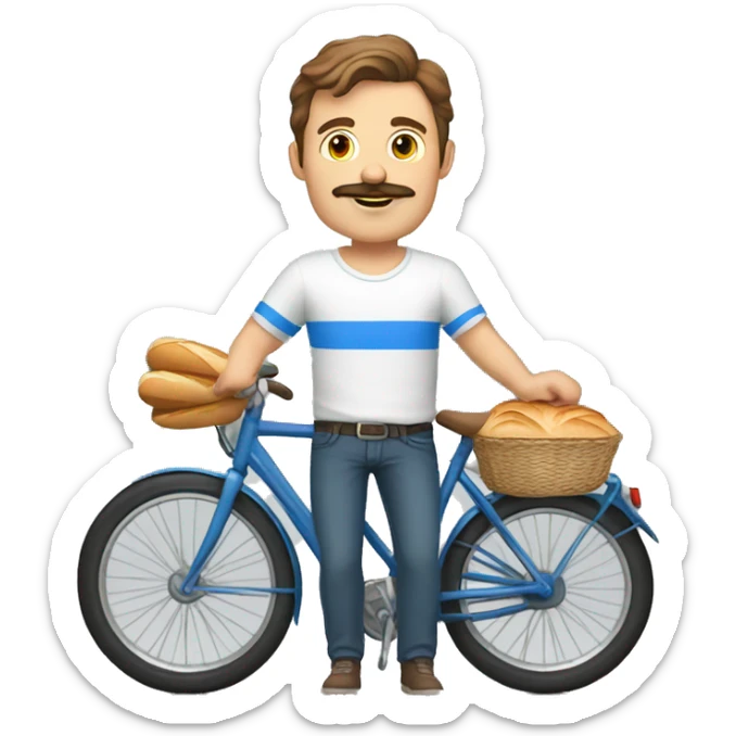 white parisian white man with brown hair a moustache and wearing a white t-shirt with blue stripes, on a bike, wearing a red scarf and holding a baguette sticker
