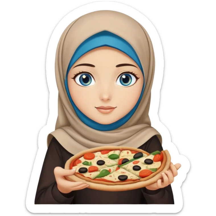 Turkish beautiful finish Konya girl blue eyes with beige and black hijab islamic dress and had on her hand a slice of vegetable pizza  sticker
