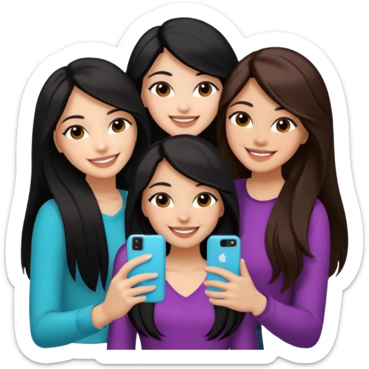 3 girl friends, one with black long hair light skin. one with brown hair long and the last girl one with black with brown medium length hair. Glammed up and hugging  and one talking a selfie and all of them smiling and looking girly all same skin tone  sticker