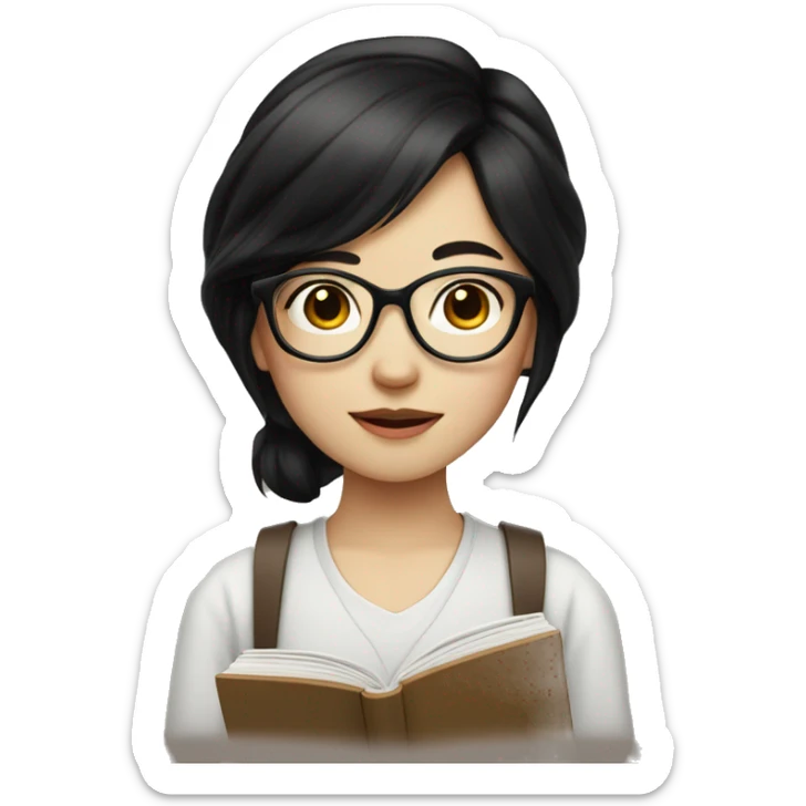 pale face asian girl with nerd glasses and black hair with book sticker
