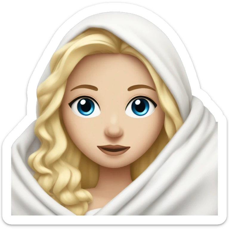 Pretty white blonde girl with blue eyes wrapped in white blanket in bed sticker
