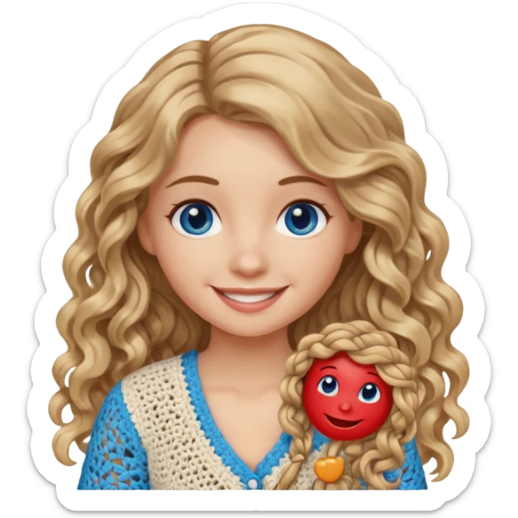 Girl with long light brown slightly blonde ish naturally wavy/curly hair and blue eyes who likes crocheting sticker