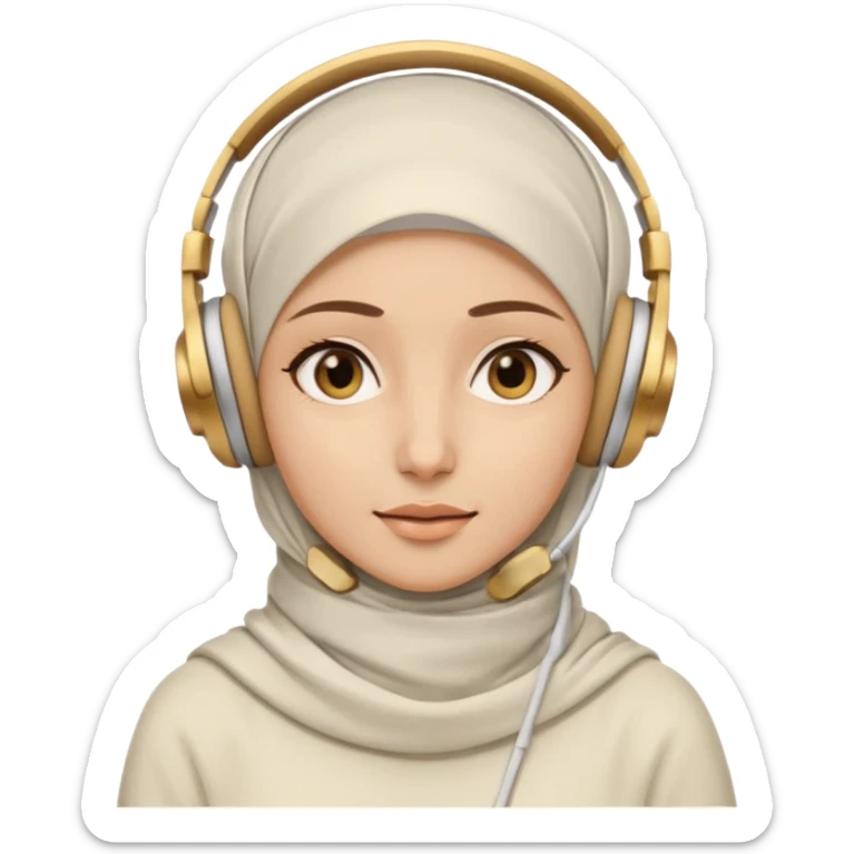 This is a cartoon-style avatar of a woman wearing a white hijab and headphones, with golden-brown eyes and a calm expression. sticker