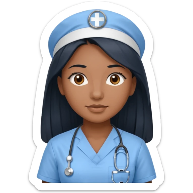 pretty brown skin nurse with long black hair and thin brown eyes in light blue scrubs sticker