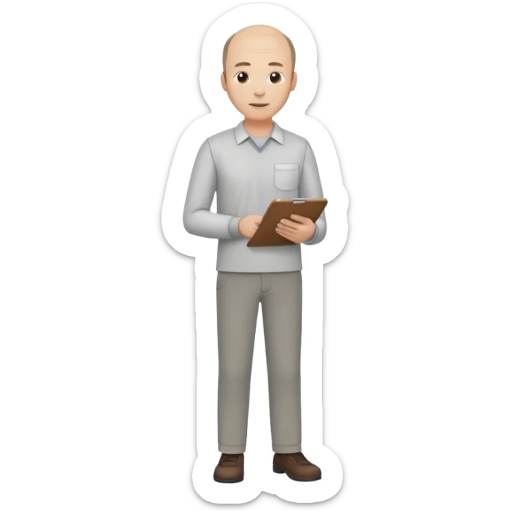 man mid 30's shirt and trousers balding hairline standing holding a clipboard sticker