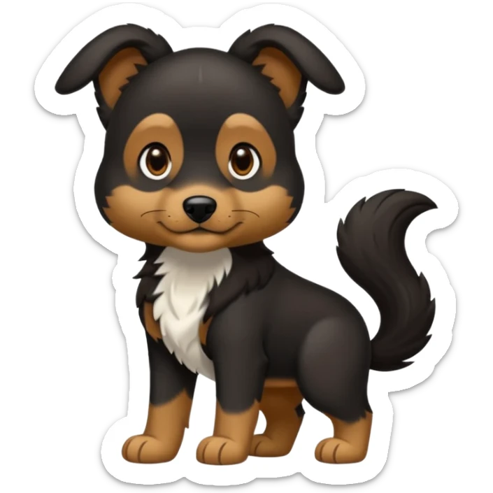 haz un perro negro con las patas y el ozico blancos toques marrones mucho pelo y ojos marrones sticker