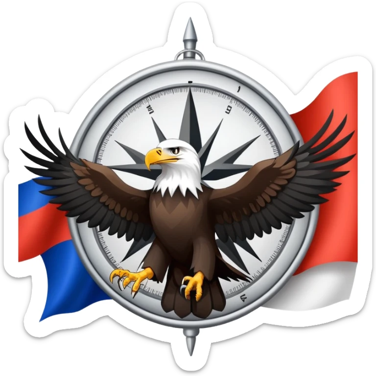 eagle against the background of the Russian flag and a black and white wind rose sticker