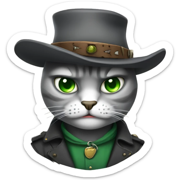 very angry gray cat with green eyes dressed like an old west outlaw sticker