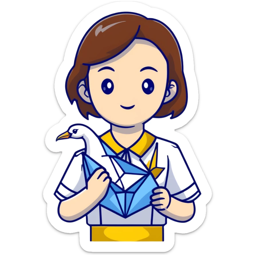 Happy Ukrainian young girl with brown hair in a white embroidered shirt holds an origami yellow and blue crane sticker