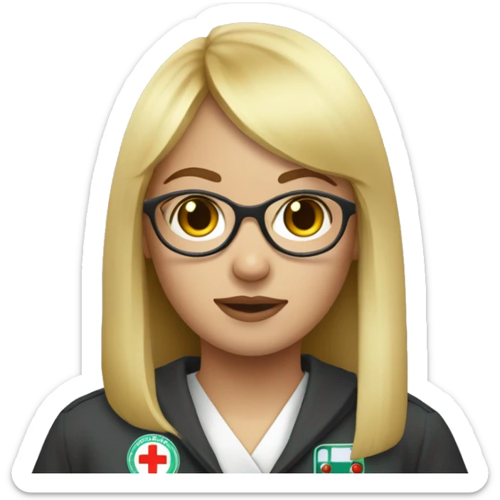 blonde straight hair girl with bangs, round eyeglasses, with ambulance rescuer robe sticker