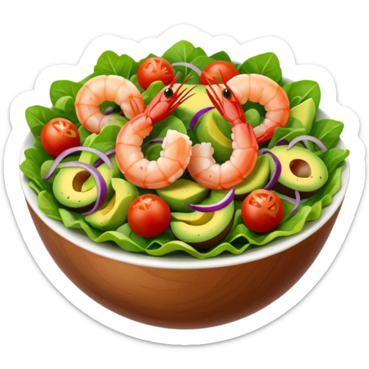 emoji of a composed salad with shrimp, avocado, cherry tomatoes, green salad leaves, and red onion, inspired by a photo, classic emoji style, bright colors, appetizing presentation sticker