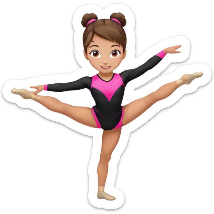 Happy female gymnast with brown hair in a neat bun, wearing a black uniform with neon pink elements. sticker