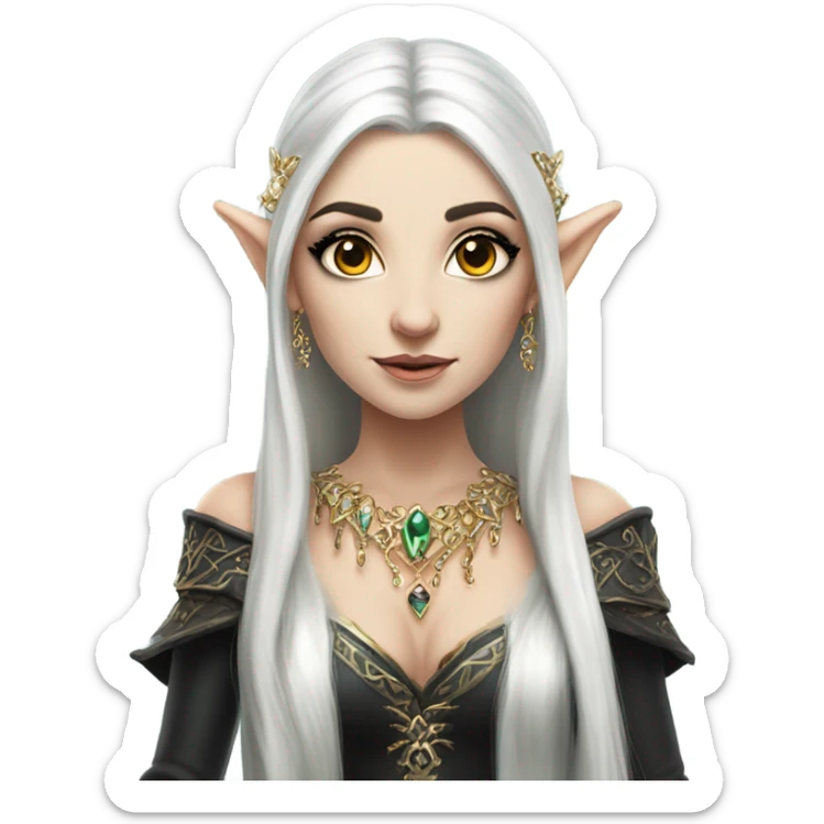 elf princess with pointy ears, white skin, black hair with jewellery,  sticker