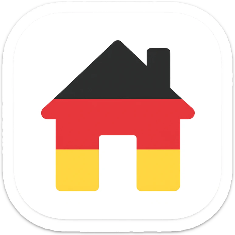 mobile app icon for 'Leben in Deutschland' with simple house silhouette in German flag colors black red gold clean welcoming style sticker