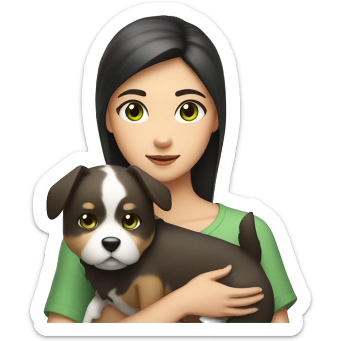 a girl with green eyes and dark hair holds a Shibu Inu dog in her hands sticker