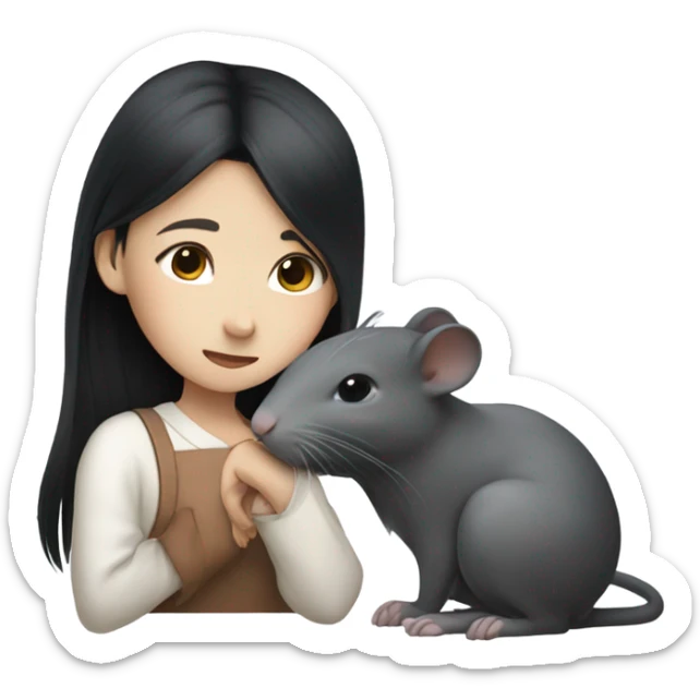 A korean girl with long black hair whispering to a grey rat sticker