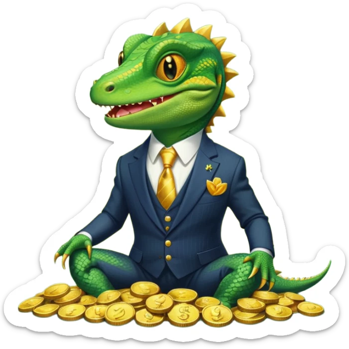 lizard in a pinstripe suit, grinning, sitting atop a pile of gold coins sticker