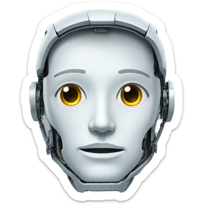 half of a human face is half of a robot, a clear separation of the face into two parts of a robot and a human sticker