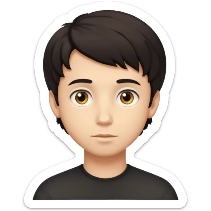 This avatar of boy has tightly curled dark hair styled upward, a rounded face with golden-brown eyes, and a neutral expression sticker