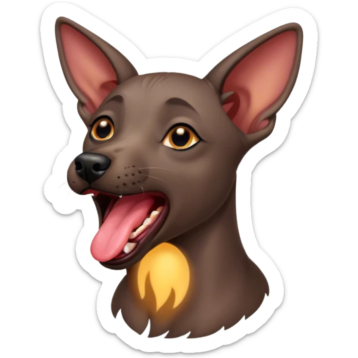 Cinematic Cute Yawning Xoloitzcuintle dog Portrait Emoji, Head tilted slightly with a dramatic, wide-open yawn, showcasing smooth, hairless ebony skin with gently relaxed wrinkles and floppy ears slightly drooping, round dark eyes barely open in drowsy contentment, Simplified yet irresistibly adorable features, highly detailed, glowing with a soft, cozy glow, high shine, relaxed yet expressive, stylized with a touch of whimsy, bright and endearing, soft glowing outline, capturing the essence of a sleepy yet affectionate guardian, so drowsy it feels like it could stretch out of the screen and curl up for a nap! sticker