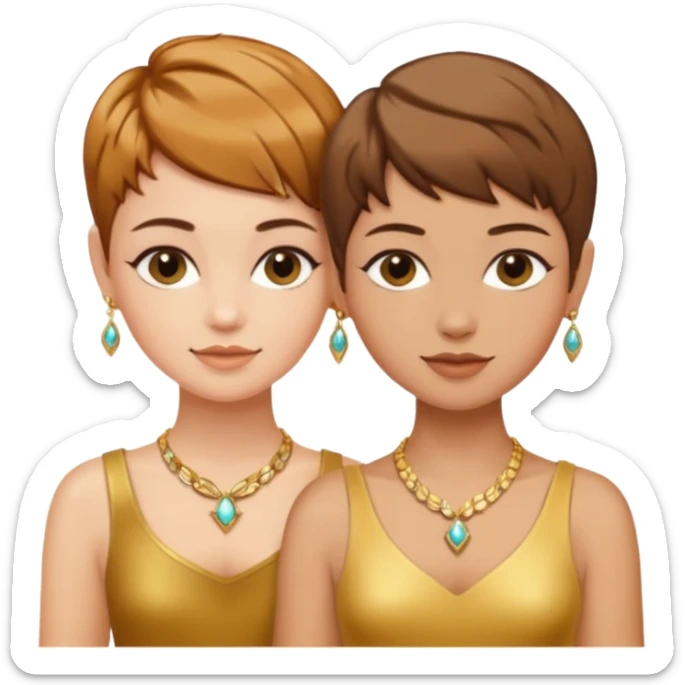 Fair skin and caramel colored besties with brown hair pixie cuts wearing jewelry   sticker
