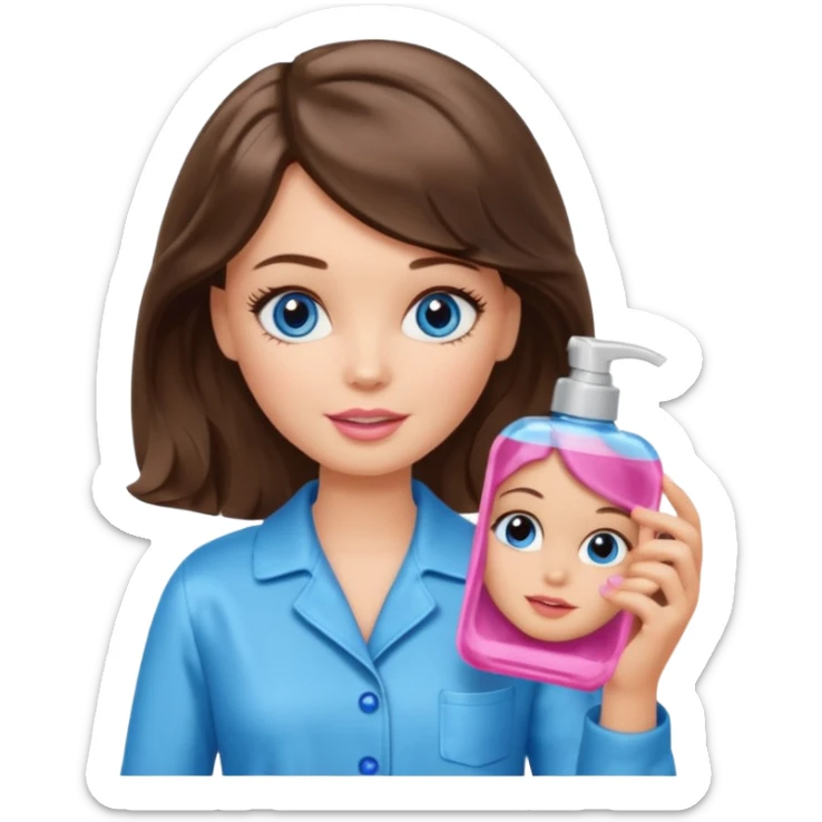 Barbie girl with makeup, blue eyes , and bob long haircut wavy, short brown hair in brown pajamas, face gel in hand sticker