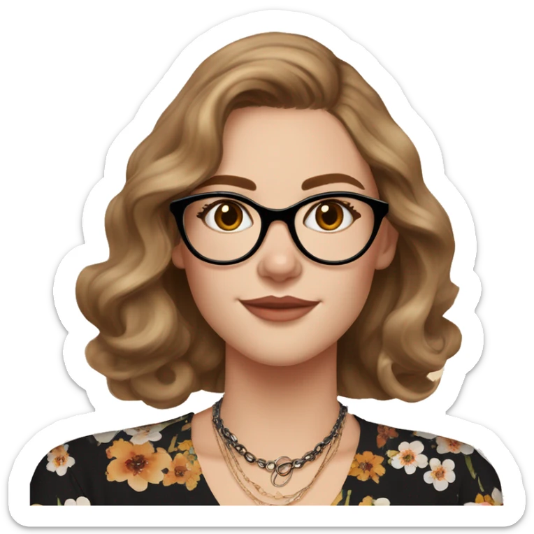 Woman with shoulder-length wavy light brown hair, fair complexion with freckles, cat eye makeup, wearing a black floral blouse, thin necklace with a round pendant, multiple rings, and bracelets. large glasses with thin frame sticker