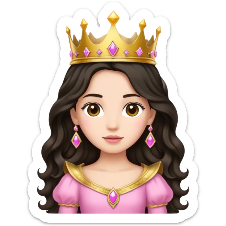 Light brown princess, with long black wavy hair and crown and an pink princess outfit sticker