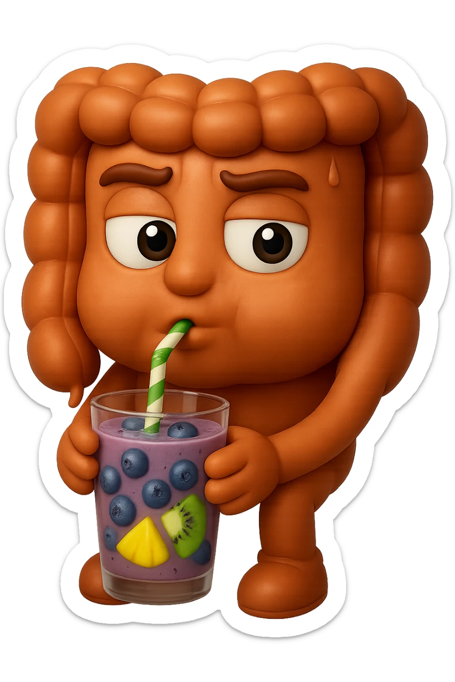 EMOJI STILE IPHONE DI un intestino umano anatomico che beve un frullato di mirtilli, ananas, kiwi, fagli anche la parte bianca degli occhi, non solo le pupille, REALISTICo 4K sticker
