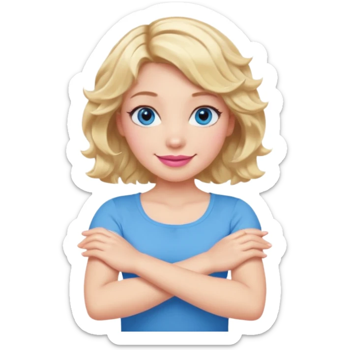 Girl Blonde short wavy hair,  blue eyes, cute blue top, long lashes, pink lips, smiling, making cross arms X with arms  sticker