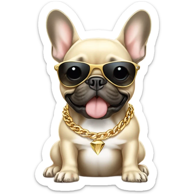 Beige French bulldog with a gold tooth and dark sunglasses wearing golden diamond chains sticker