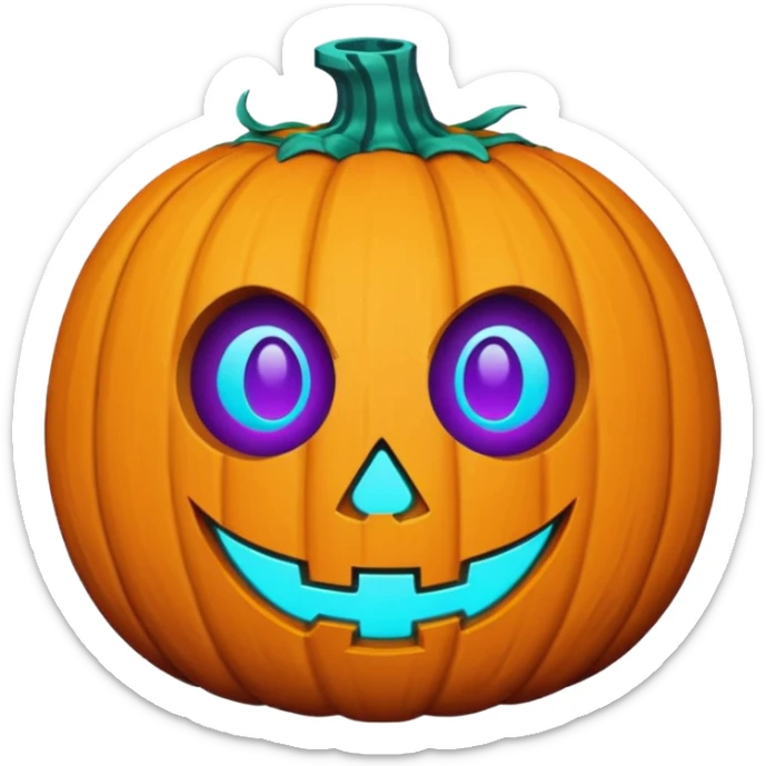 futuristic glowing jack-o-lantern emoji face, only purple and cyan carved glow, dark background sticker