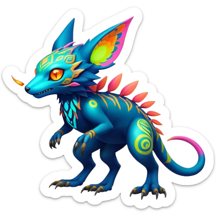 Tropical futuristic lush warm-colored colorful neon Fakémon-Digimon-Trico-Vernid-creature sticker