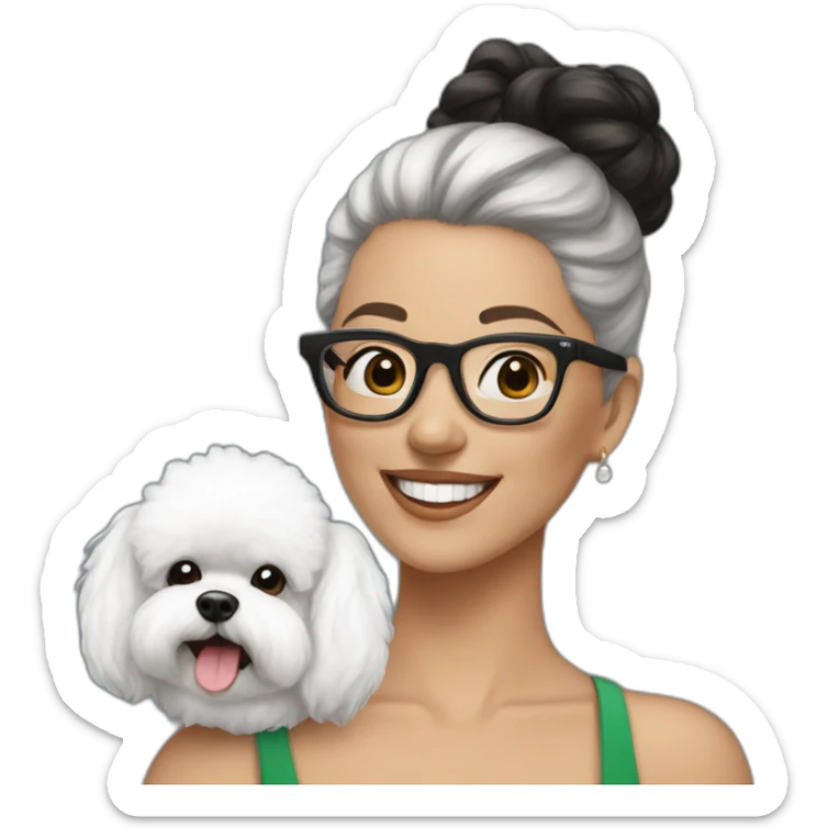 woman-black-hair-bun-with glasses-with bichon dog-white-smile-Christmas sticker