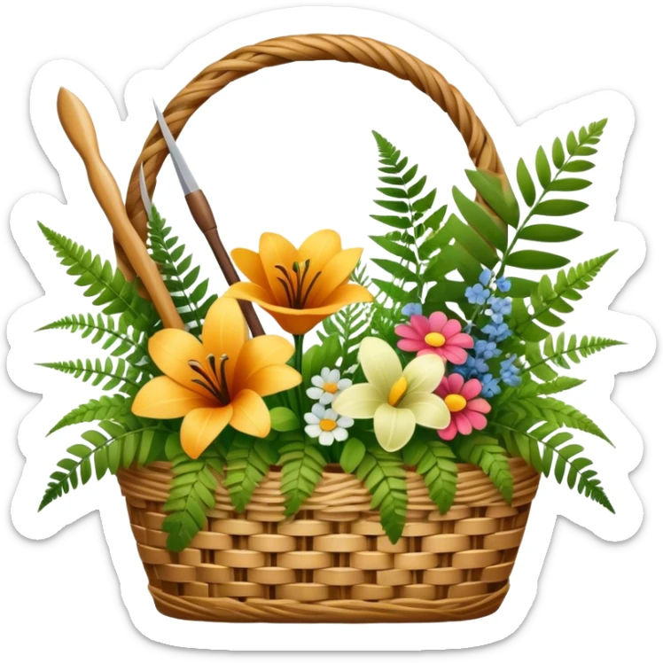 Icon for Floristry: a bouquet of flowers in a woven basket, with reeds, ferns and floral arranging tools like scissors and a flower stem. The icon should represent creativity in flower design and arranging. Transparent background. sticker