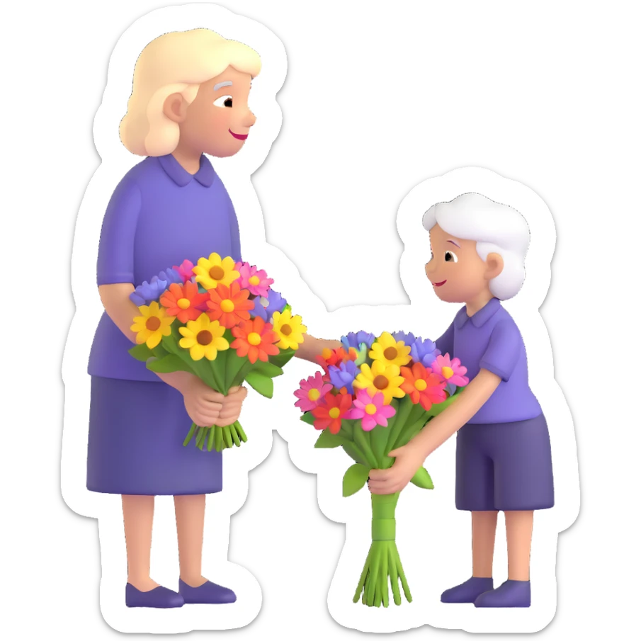 a child giving flowers to an older person, representing filial respect sticker