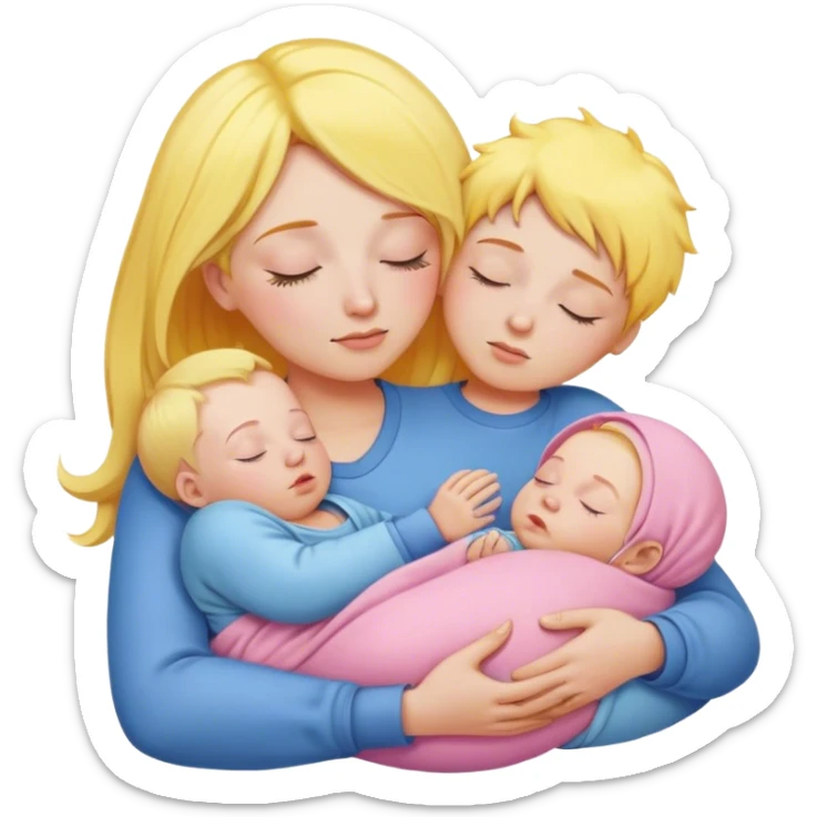 Mother holding baby, mother with yellow hair and pink clothes, baby in blue clothes is sleeping sticker