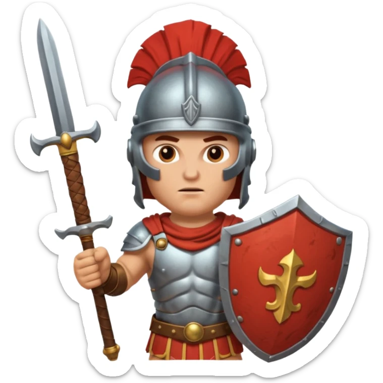 An emoji of the Roman god Mars. He is a warrior with a helmet and armor, holding a sword and shield, with a fierce expression. sticker