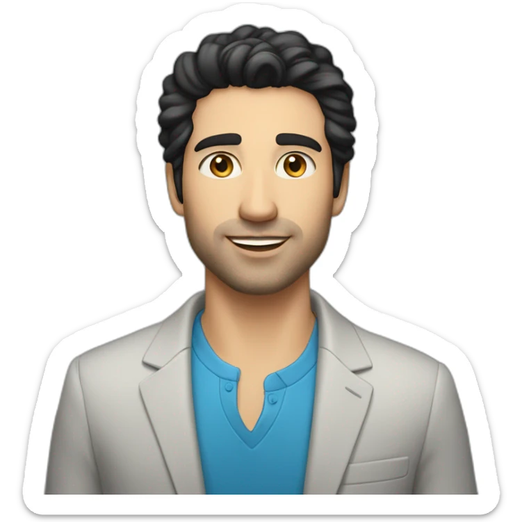 30 year old man, caucasian, black hair, blue eyes, blazer, t-shirt sticker