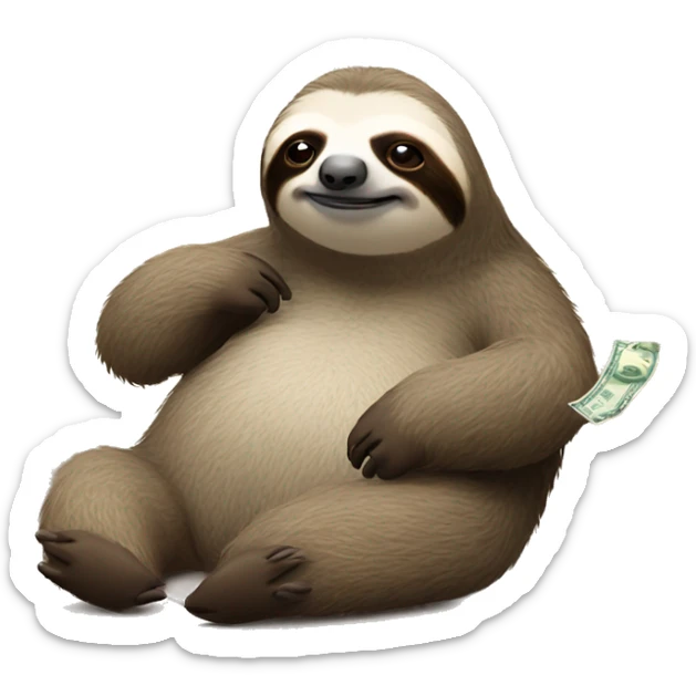 sloth laying down looking sleepy; add a phone in his hand and money flying in air around him sticker